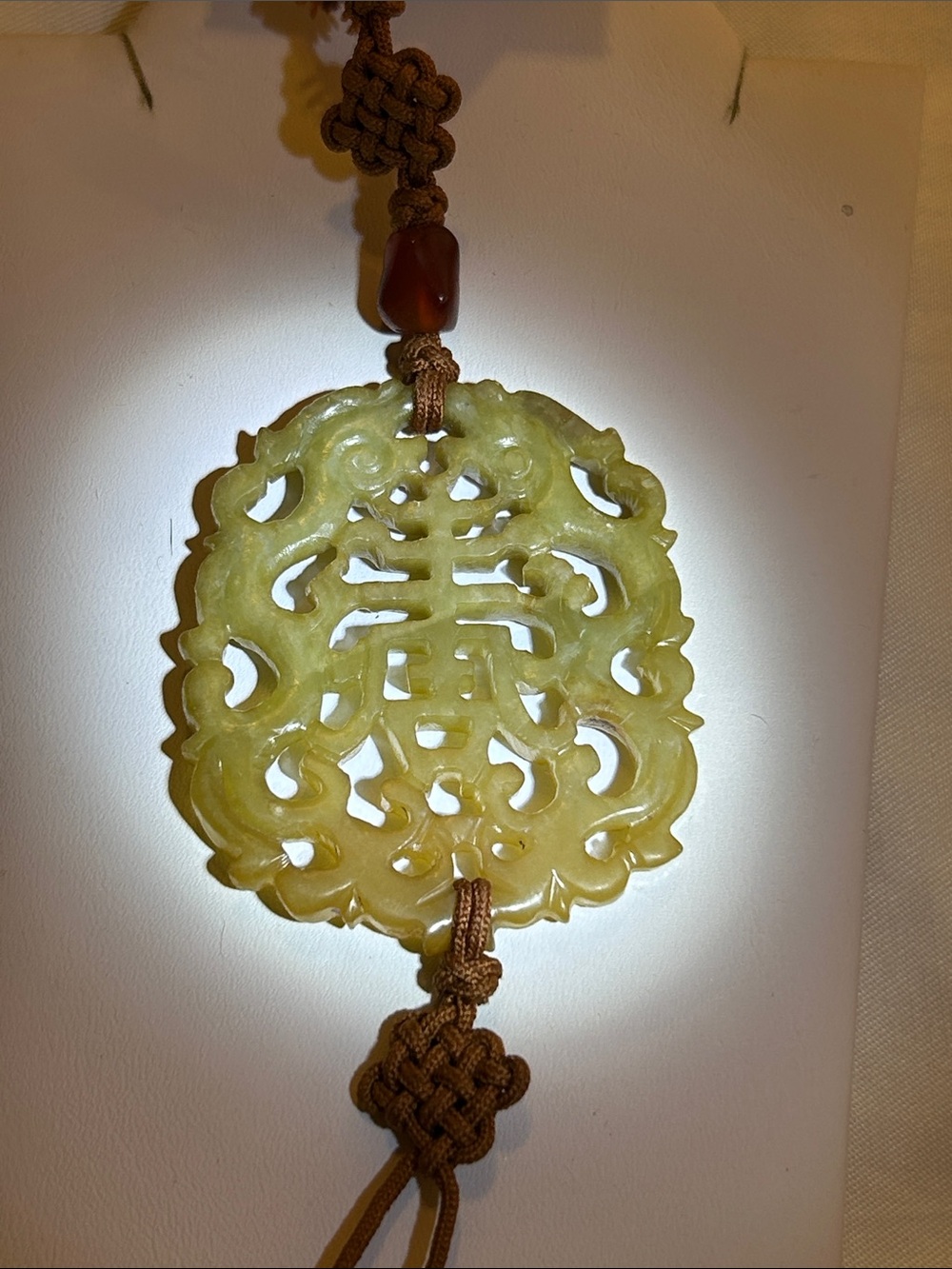 Carved Yellow Jade Pendant Necklace with Knotted Cord - Women Jewelry